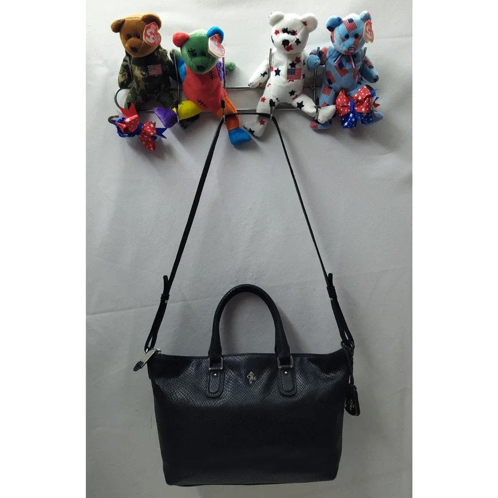 Cole Haan Black Leather Snakeskin Embossed Double Handles Satchel Bag